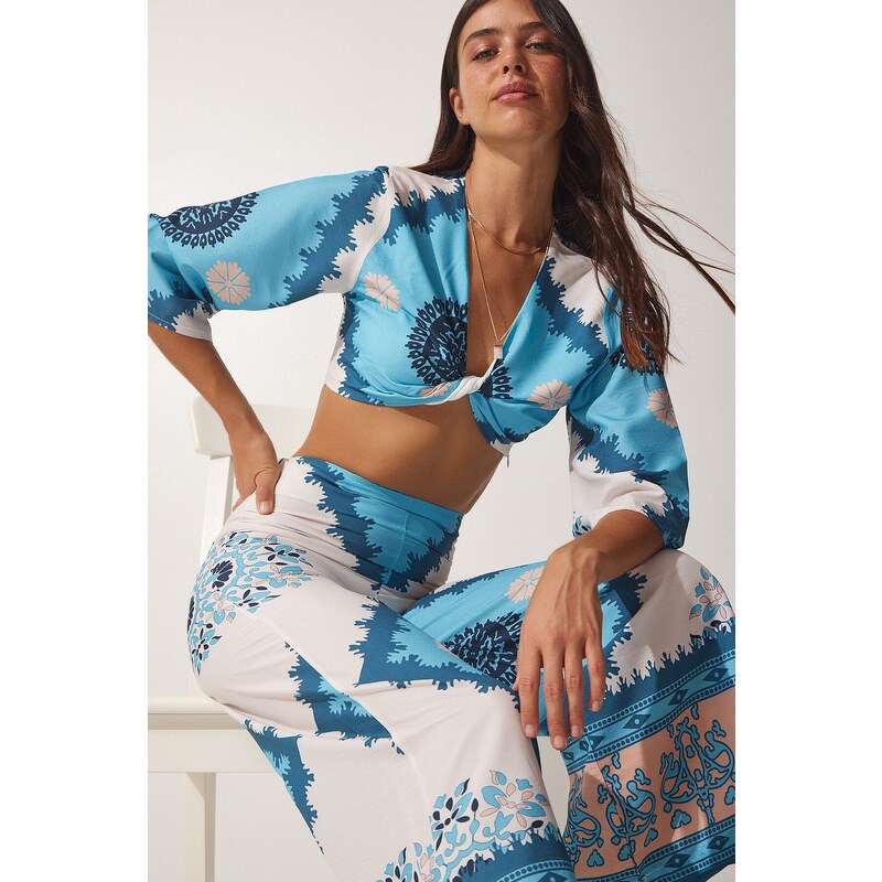 Happiness İstanbul Womens Light Blue Patterned Summer Blouse and Pants 115723348