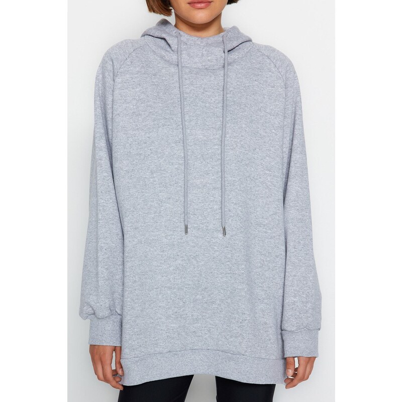 Trendyol Gray Hooded Oversize Rayon Knitted Sweatshirt.