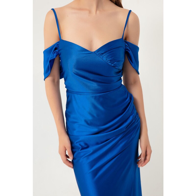 Lafaba Women's Saks Thin Strap Double Breasted Neckline Slit Long Evening Dress