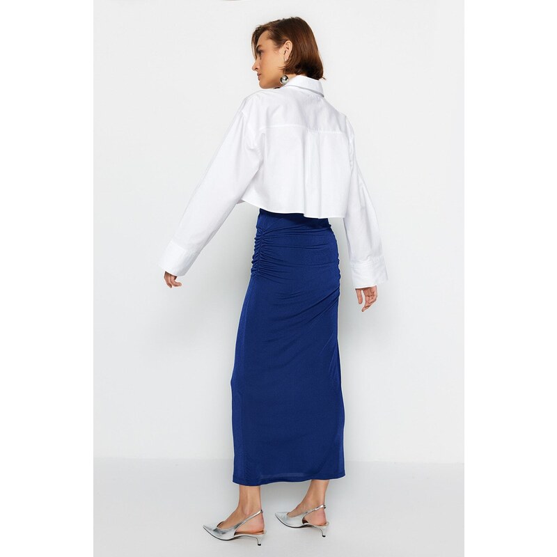 Trendyol Navy Blue Premium with a Glossy Finish and Soft Textured Draping Maxi Knitted Skirt