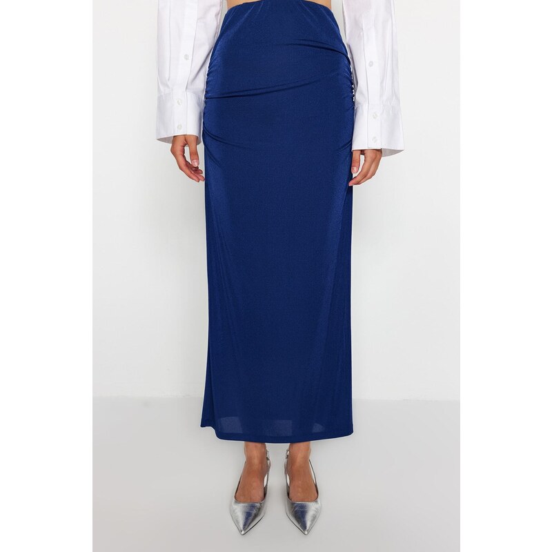 Trendyol Navy Blue Premium with a Glossy Finish and Soft Textured Draping Maxi Knitted Skirt