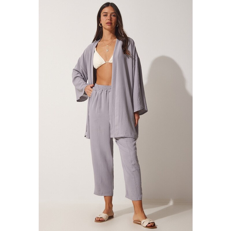 Happiness İstanbul Women's Gray Kimono Pants Suit