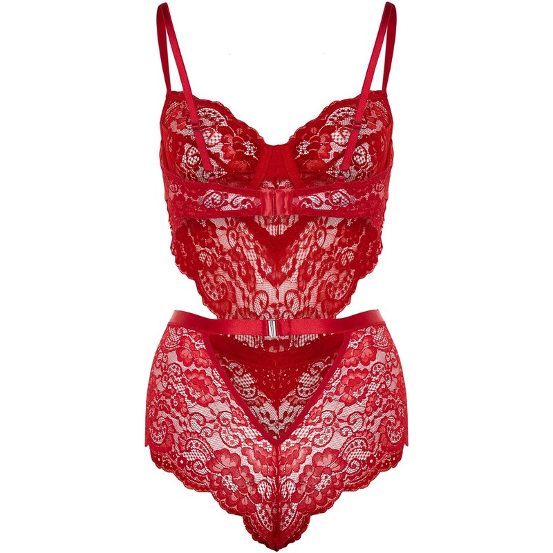 Trendyol Dark Red Lacy Window/Cut Out Detailed Snap-On Knitted Body