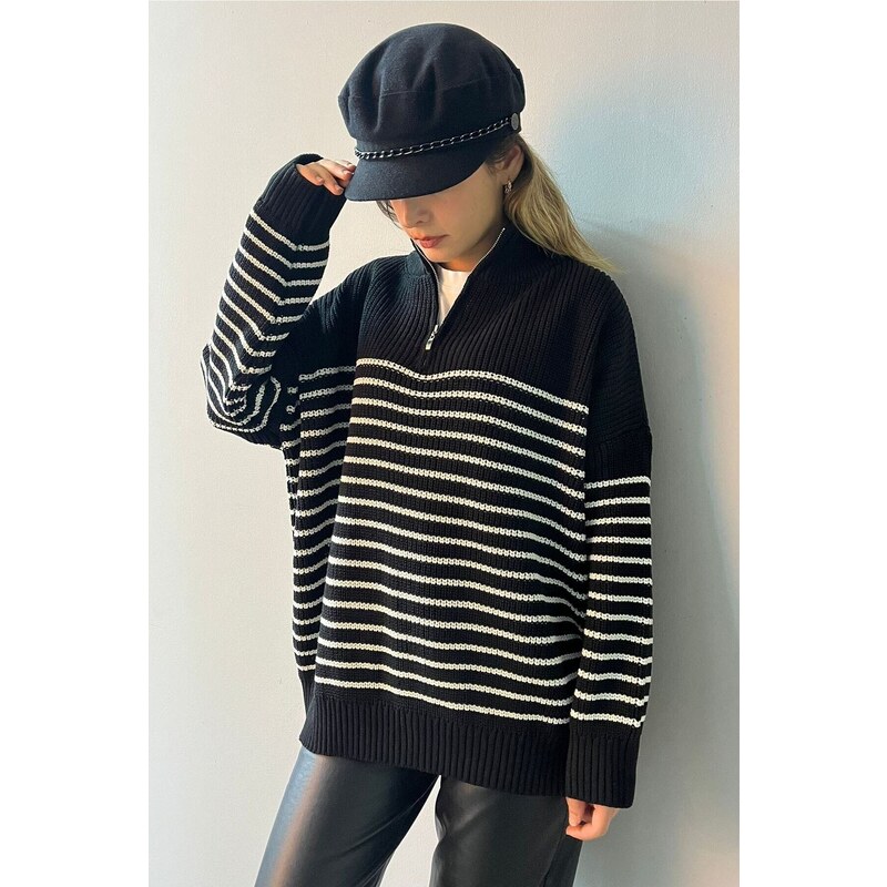 Madmext Women's Black Zipper Striped Sweater