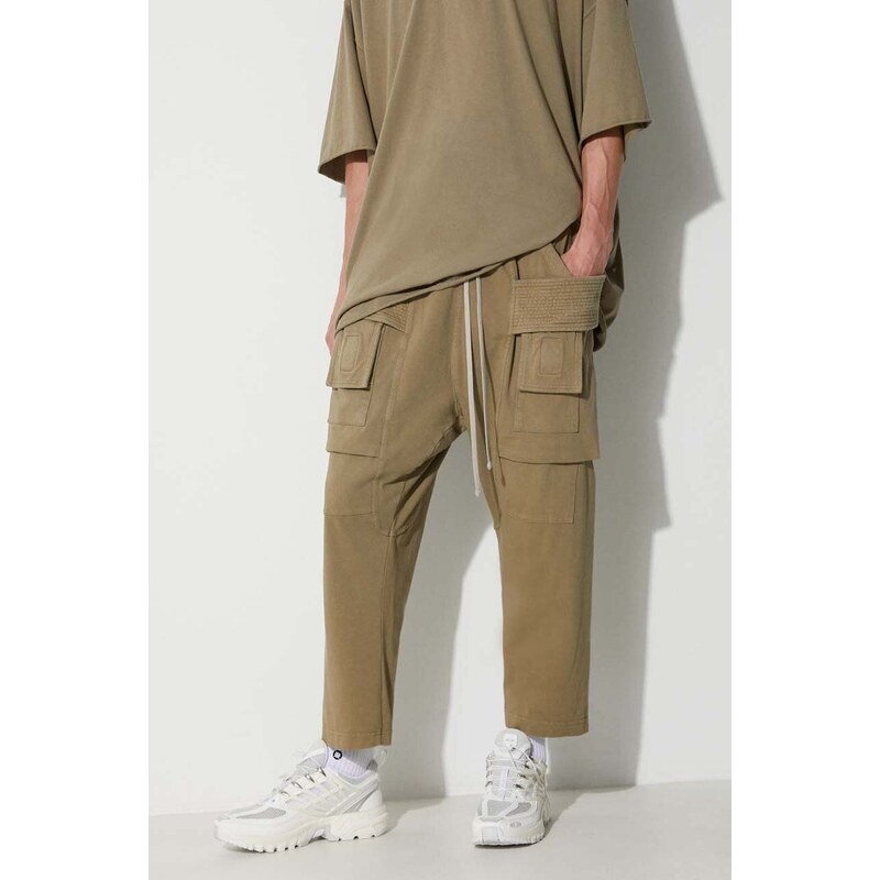 Bavlněné kalhoty Rick Owens zelená barva, široké, medium waist