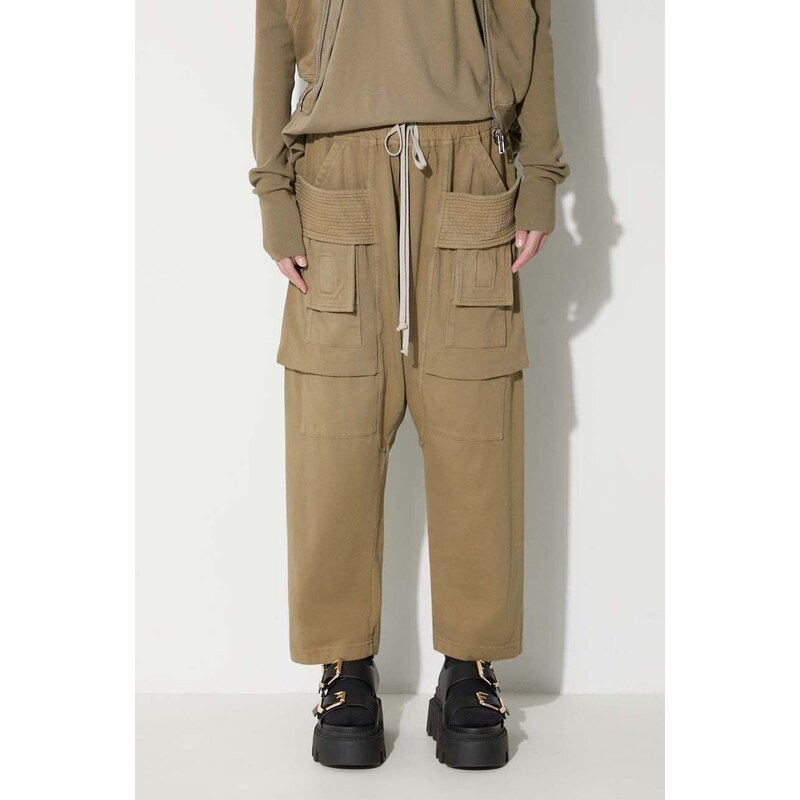 Bavlněné kalhoty Rick Owens zelená barva, široké, medium waist