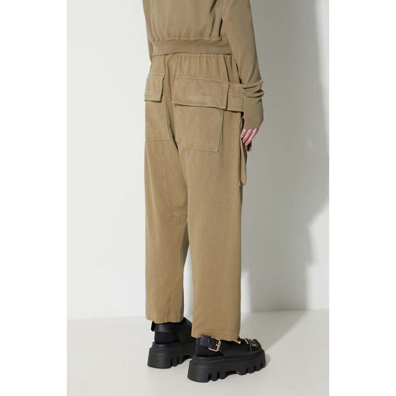 Bavlněné kalhoty Rick Owens zelená barva, široké, medium waist