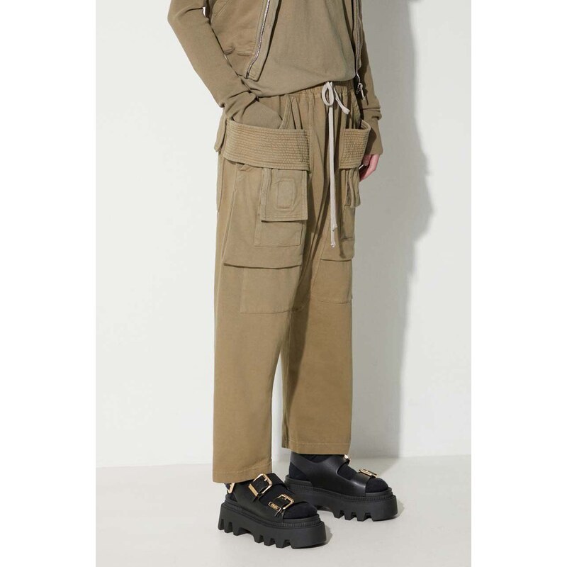 Bavlněné kalhoty Rick Owens zelená barva, široké, medium waist