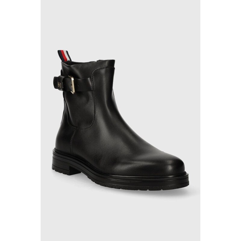 Kožené kotníkové boty Tommy Hilfiger BELT BOOTIE LEATHER dámské, černá barva, na plochém podpatku, FW0FW07479