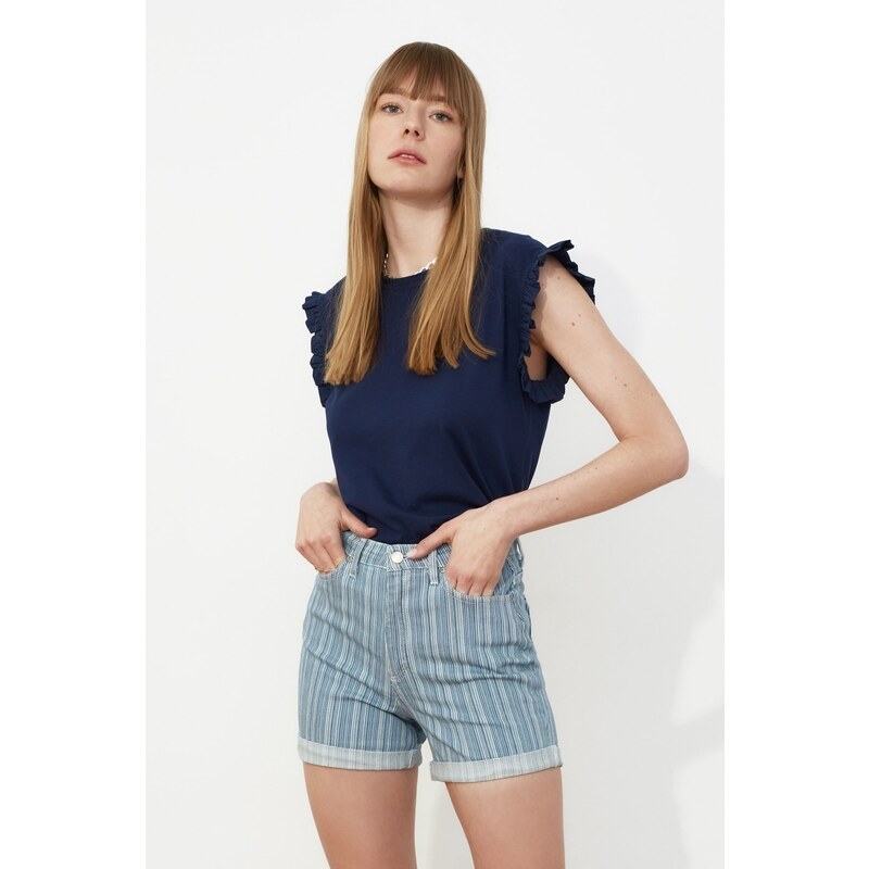 Trendyol Blue Striped Denim Shorts 107047604