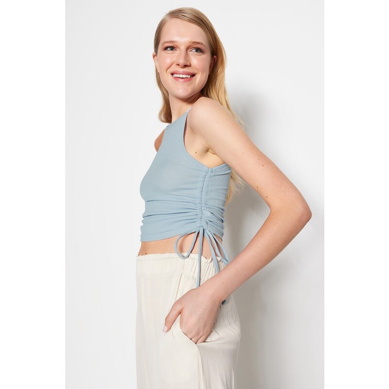 Trendyol Light Blue Shirring Detail Crescent Fabric Crop Knitted Blouse