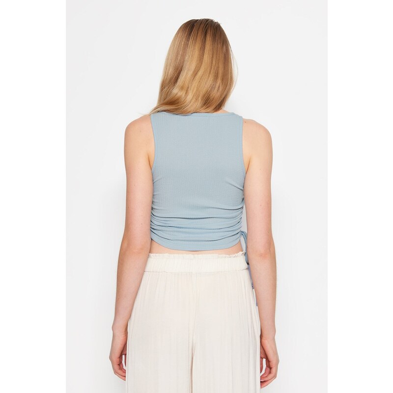 Trendyol Light Blue Shirring Detail Crescent Fabric Crop Knitted Blouse