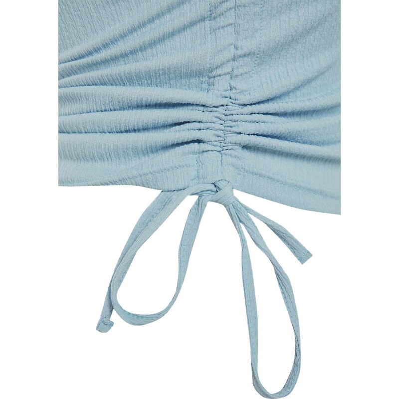 Trendyol Light Blue Shirring Detail Crescent Fabric Crop Knitted Blouse