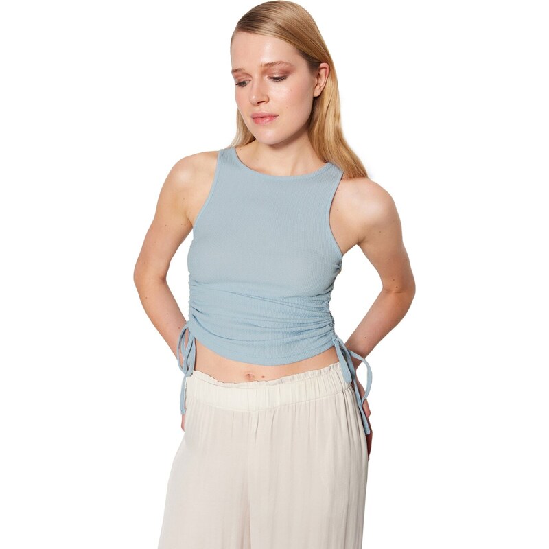 Trendyol Light Blue Shirring Detail Crescent Fabric Crop Knitted Blouse