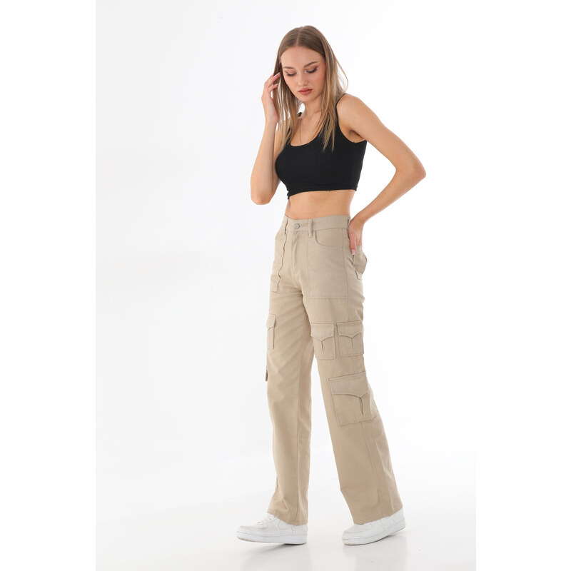 BİKELİFE Dámské béžové kalhoty s vysokým pasem s více kapsami Straight Fit Cargo Pants