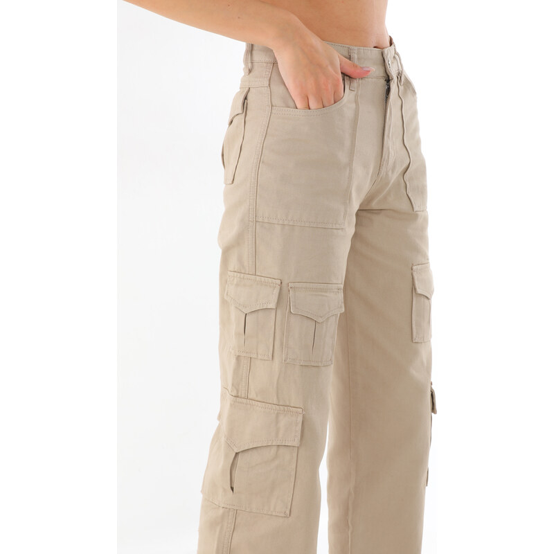 BİKELİFE Dámské béžové kalhoty s vysokým pasem s více kapsami Straight Fit Cargo Pants
