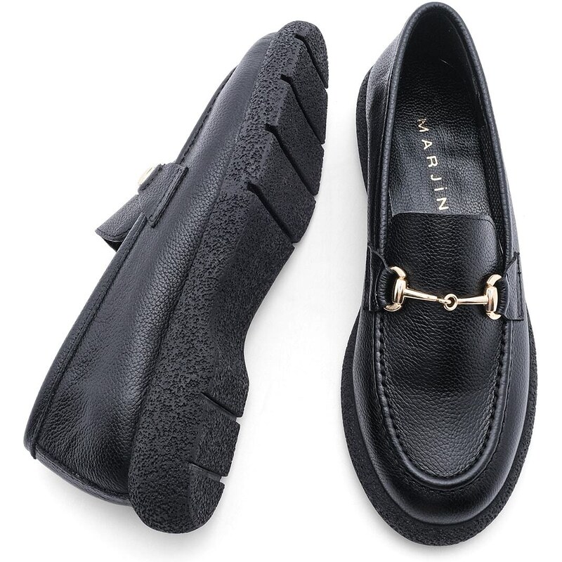 Marjin Women's Buckle Genuine Leather Loafers Casual Shoes Runet Black