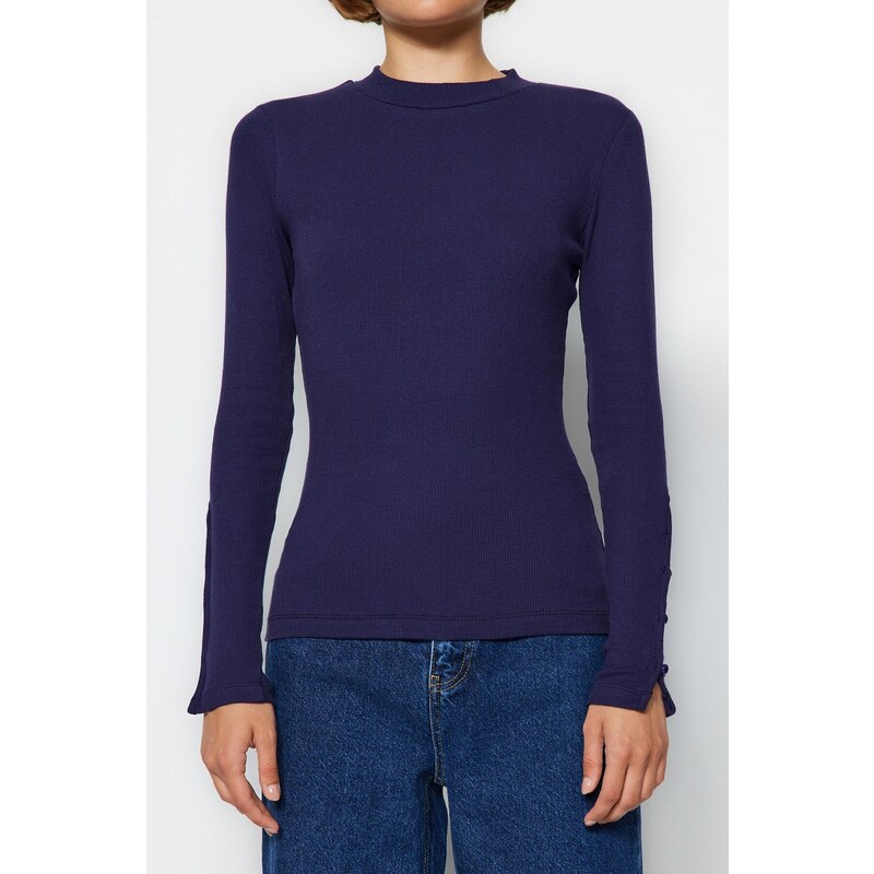 Trendyol Navy Blue Buttoned Ribbed High Neck Fitted/Situated Cotton Stretch Knit Blouse