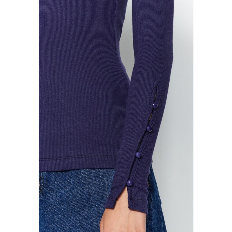 Trendyol Navy Blue Buttoned Ribbed High Neck Fitted/Situated Cotton Stretch Knit Blouse