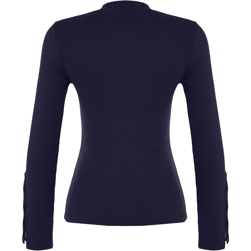 Trendyol Navy Blue Buttoned Ribbed High Neck Fitted/Situated Cotton Stretch Knit Blouse