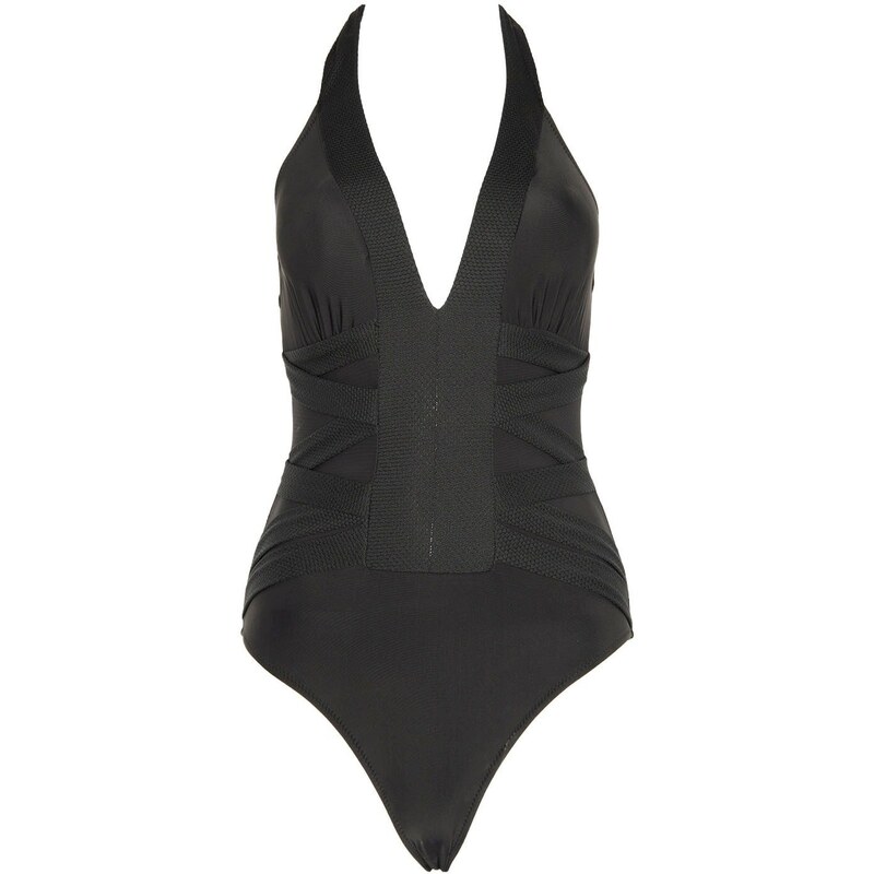 Trendyol Black Neck-Bound Textured Swimsuit