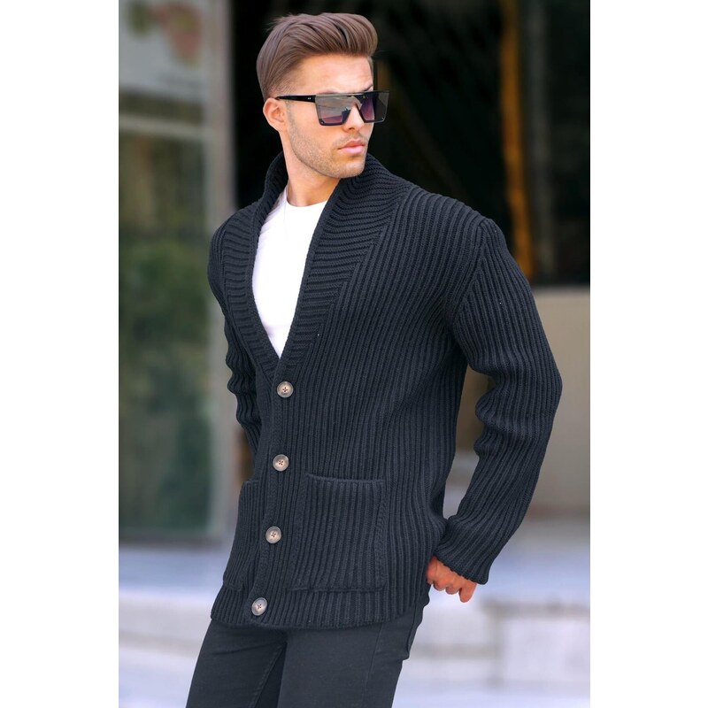 Madmext Black Stand-Up Collar Knitwear Cardigan with Pocket 6815