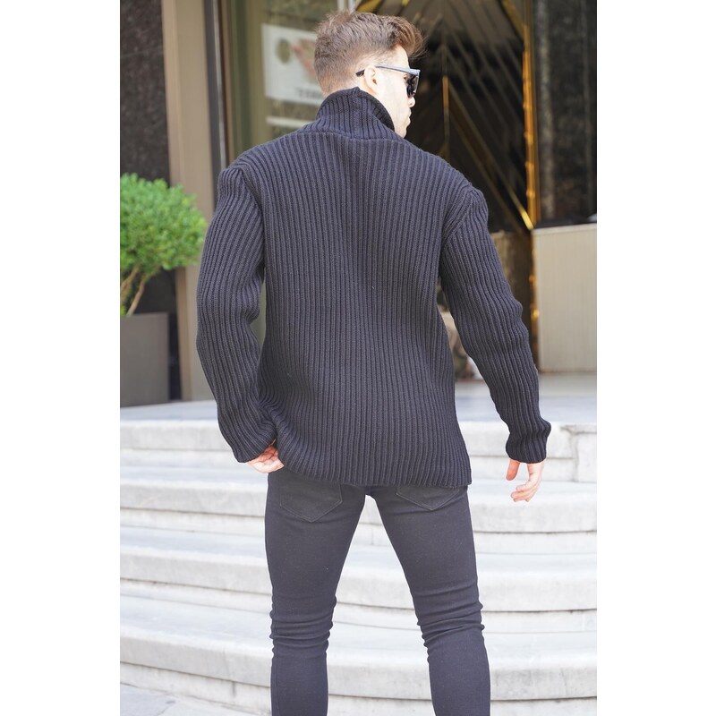 Madmext Black Stand-Up Collar Knitwear Cardigan with Pocket 6815