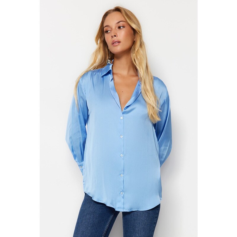 Trendyol Blue Oversize/Clothing Satin Woven Shirt