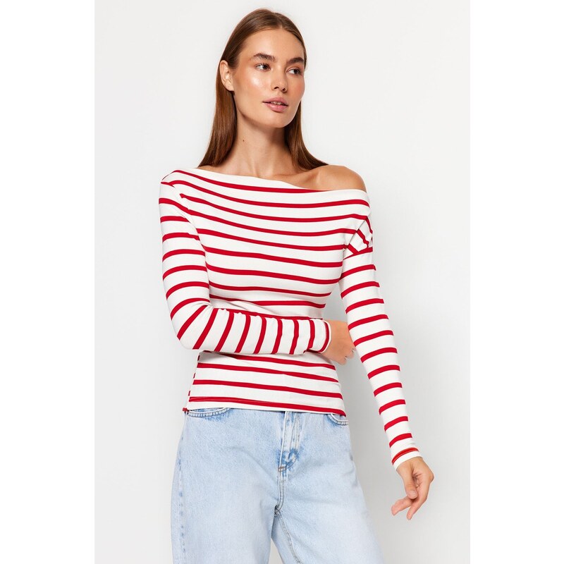 Trendyol Red Striped Premium Soft Fabric Fitted Boat Neck Knitted Blouse