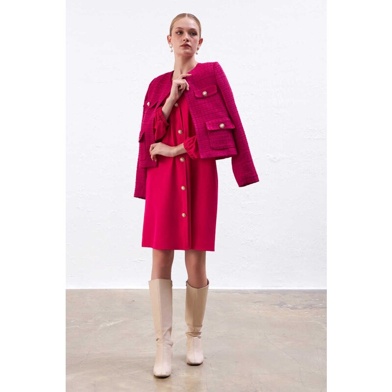 Gusto Collarless Tuvit Jacket - Fuchsia