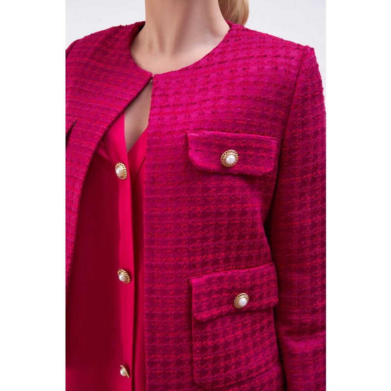 Gusto Collarless Tuvit Jacket - Fuchsia