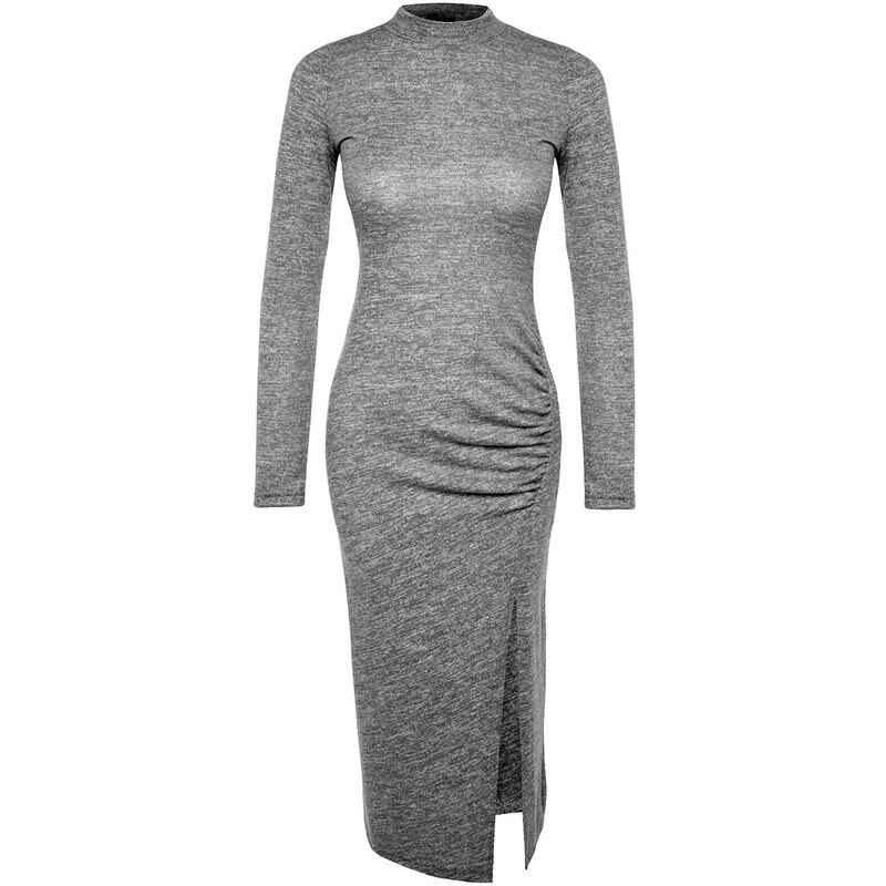 Trendyol Anthracite Crew Neck Fluffy Midi Slit and Gathered Detail Fitted Knitted Dress