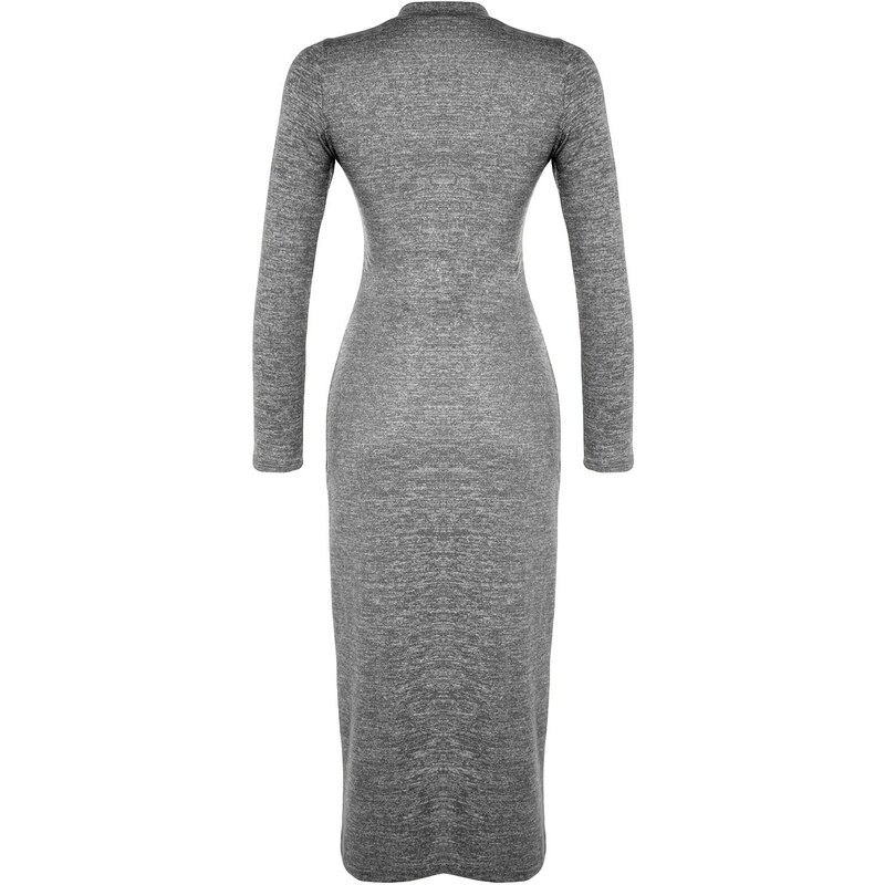 Trendyol Anthracite Crew Neck Fluffy Midi Slit and Gathered Detail Fitted Knitted Dress