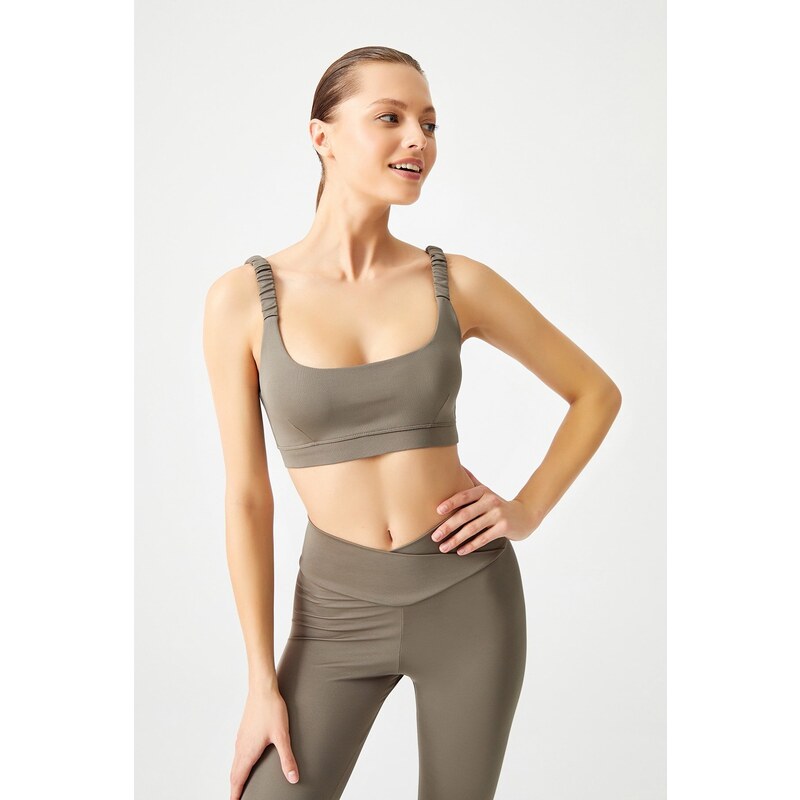 LOS OJOS Khaki Lightweight Support Gathered Straps Detailed Covered Sports Bra