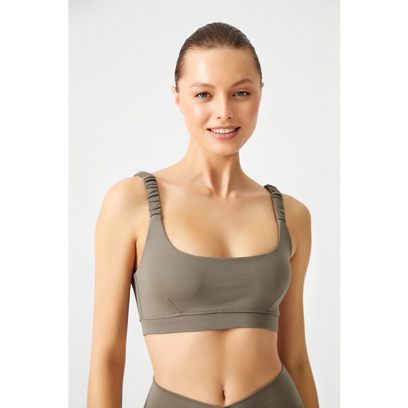 LOS OJOS Khaki Lightweight Support Gathered Straps Detailed Covered Sports Bra