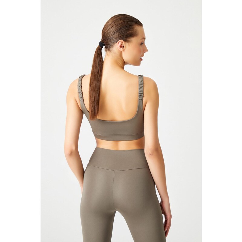 LOS OJOS Khaki Lightweight Support Gathered Straps Detailed Covered Sports Bra