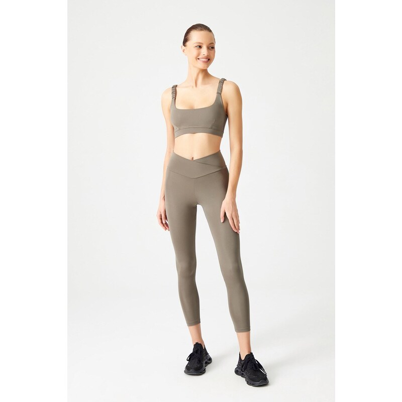 LOS OJOS Khaki Lightweight Support Gathered Straps Detailed Covered Sports Bra