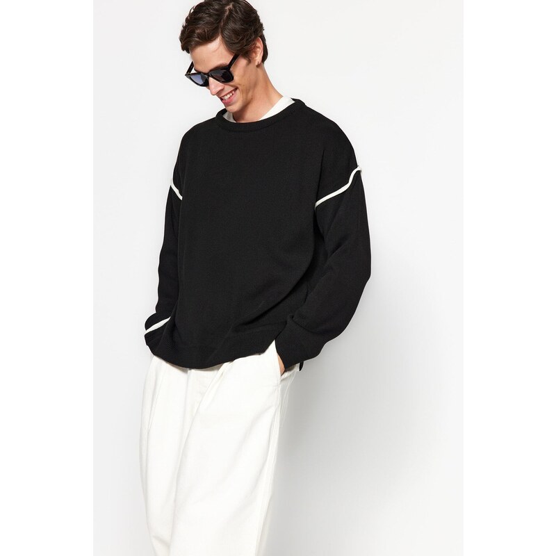 Trendyol Black Oversize Crew Neck Piping Detailed Knitwear Sweater