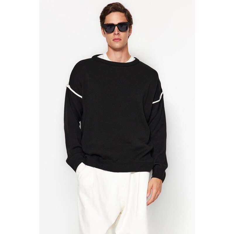 Trendyol Black Oversize Crew Neck Piping Detailed Knitwear Sweater