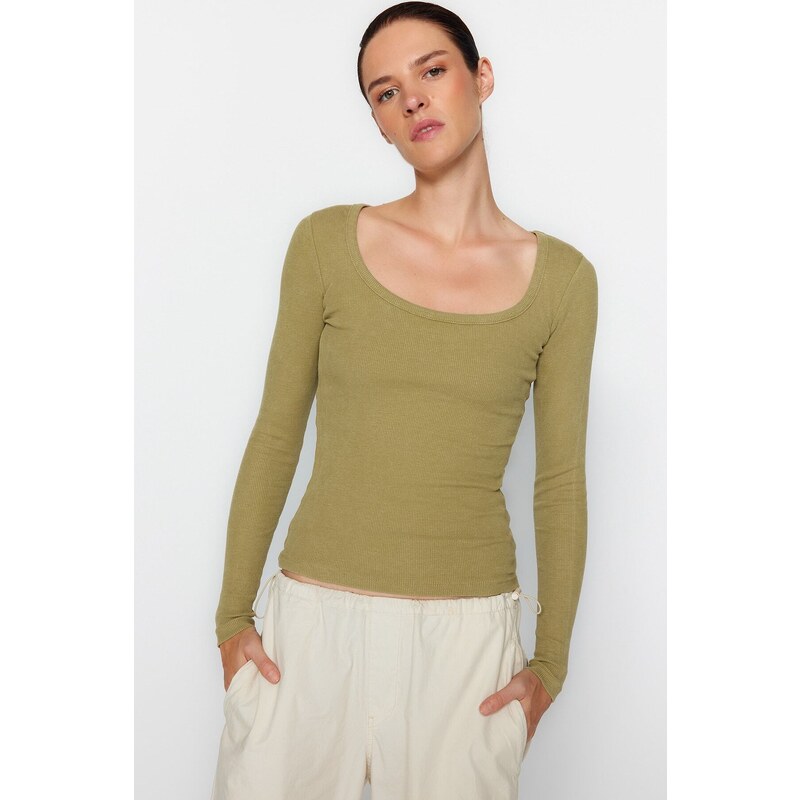 Trendyol Khaki Faded/Faded Effect Ribbed Pool Neck Fitted Cotton Stretch Knitted Blouse