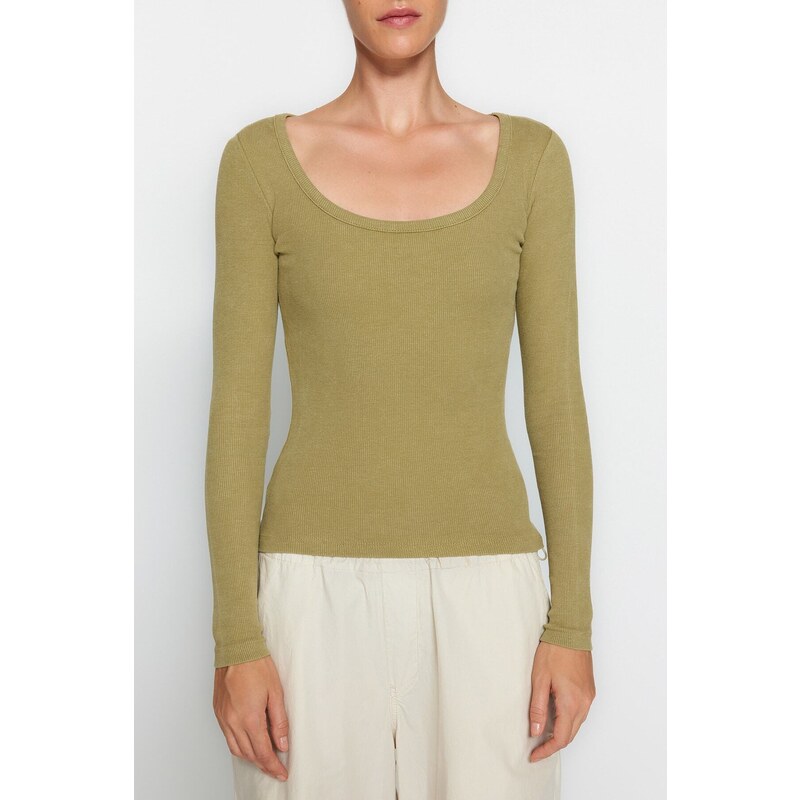 Trendyol Khaki Faded/Faded Effect Ribbed Pool Neck Fitted Cotton Stretch Knitted Blouse