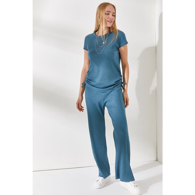 Olalook Women's Petrol Blue Gathered Side Blouse Palazzo Trousers Suit