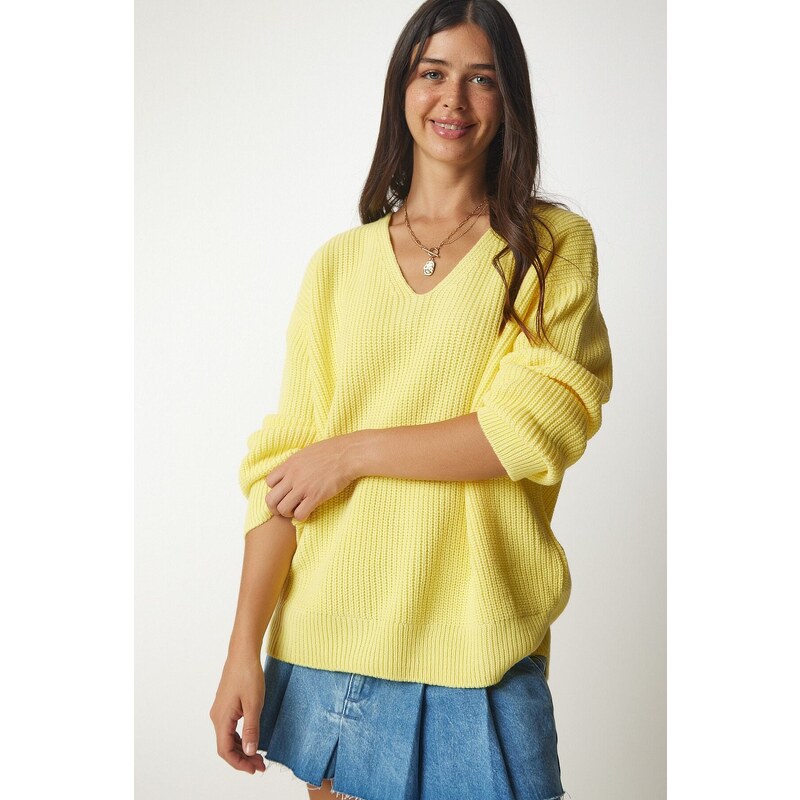 Happiness İstanbul Dámský žlutý V-Neck Oversize Základní pletený svetr