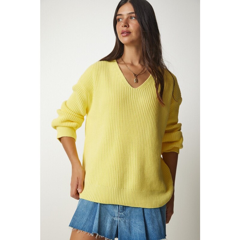 Happiness İstanbul Dámský žlutý V-Neck Oversize Základní pletený svetr