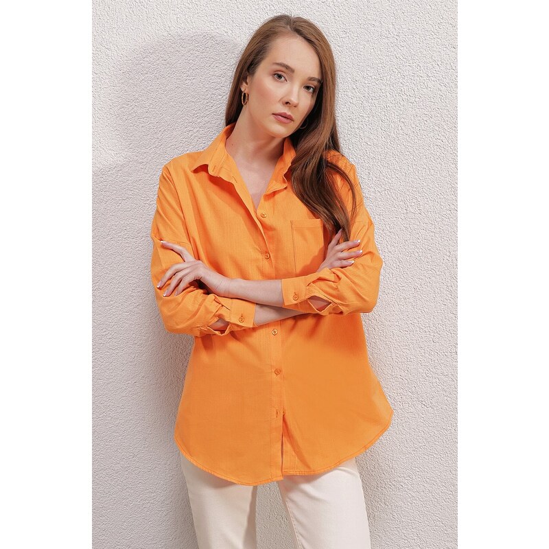 Bigdart 20153 Single Pocket Oversize Linen Shirt - Orange