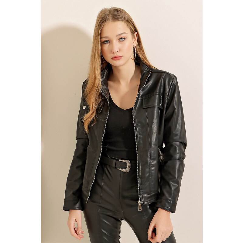 Bigdart 1024 High Neck Leather Jacket - Black