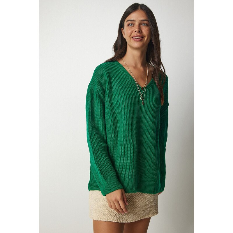 Happiness İstanbul Dámský tmavě zelený V-Neck Oversize Základní pletený svetr
