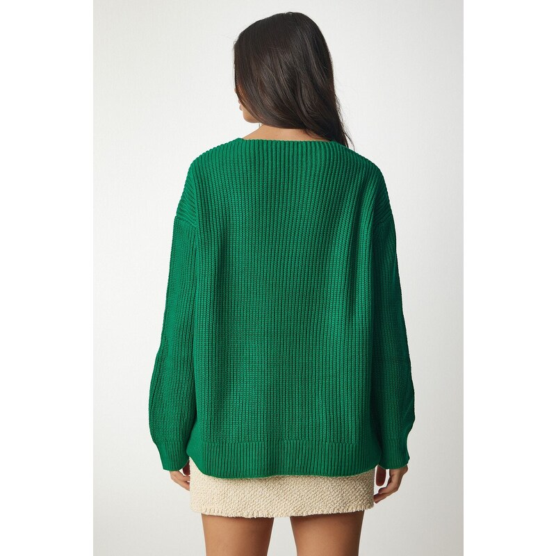 Happiness İstanbul Dámský tmavě zelený V-Neck Oversize Základní pletený svetr