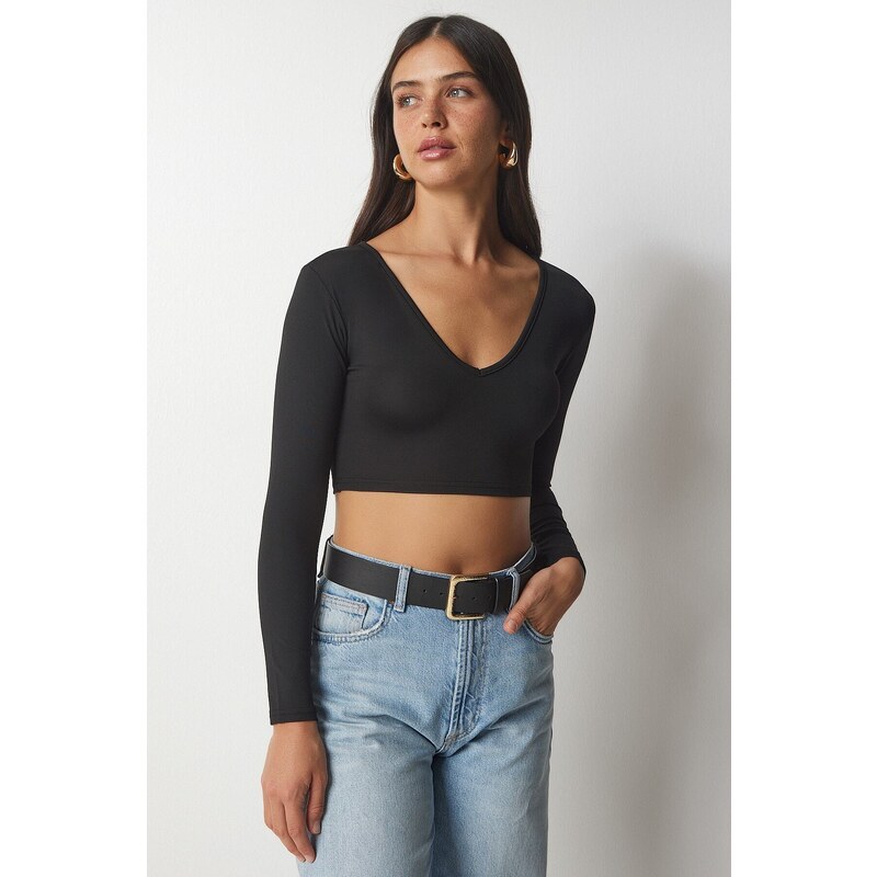 Happiness İstanbul Women's Black and White V-Neck 2-Pack Crop Top