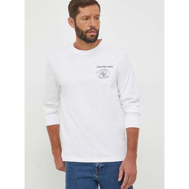 Bavlněné tričko s dlouhým rukávem Calvin Klein Jeans bílá barva, s potiskem